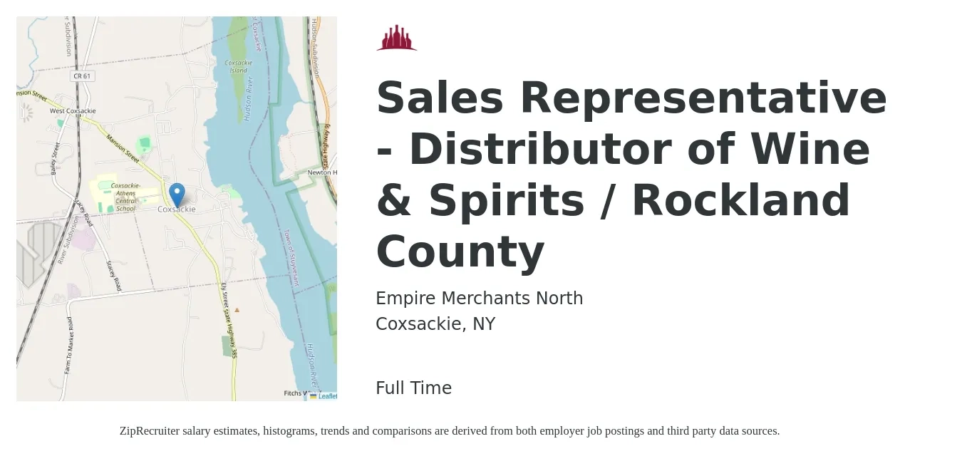 Empire Merchants North job posting for a Sales Representative - Distributor of Wine & Spirits / Rockland County in Coxsackie, NY with a salary of $57,400 to $99,700 Yearly with a map of Coxsackie location.