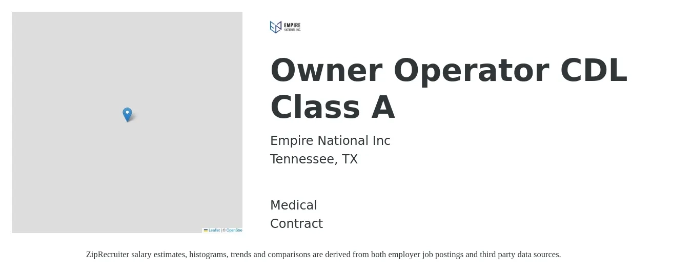 Empire National Inc job posting for a Owner Operator CDL Class A in Tennessee, TX with a salary of $22 to $38 Hourly and benefits including medical with a map of Tennessee location.