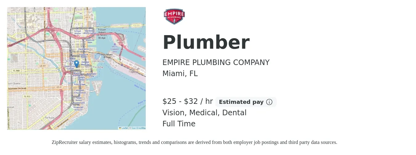 EMPIRE PLUMBING COMPANY job posting for a Plumber in Miami, FL with a salary of $26 to $34 Hourly (plus commission) and benefits including medical, pto, vision, and dental with a map of Miami location.