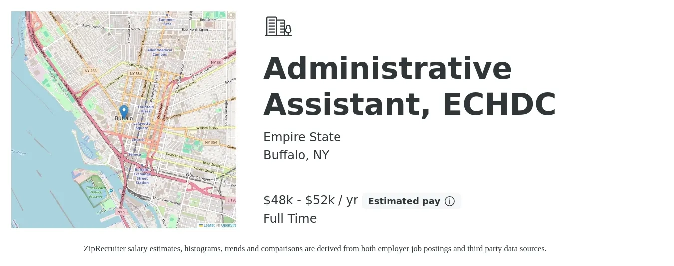 Empire State job posting for a Administrative Assistant, ECHDC in Buffalo, NY with a salary of $48,000 to $52,000 Yearly with a map of Buffalo location.