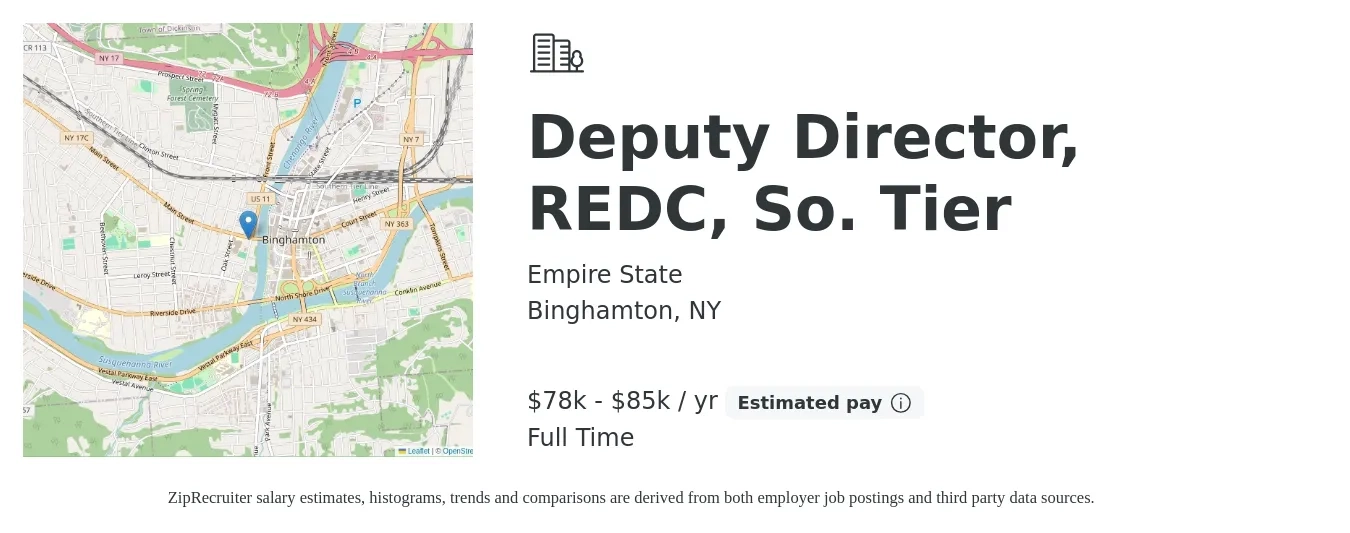 Empire State job posting for a Deputy Director, REDC, So. Tier in Binghamton, NY with a salary of $78,800 to $85,000 Yearly with a map of Binghamton location.