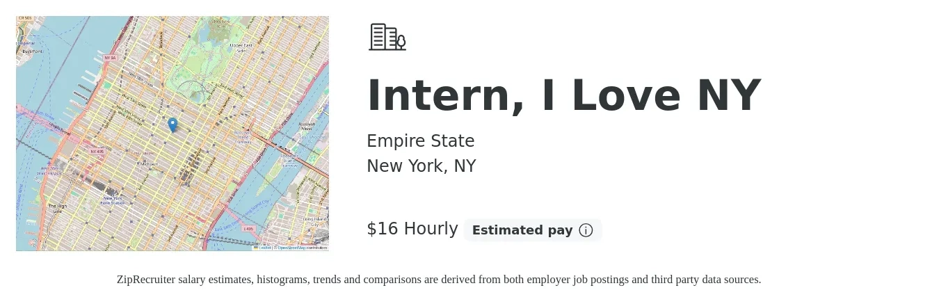 Empire State job posting for a Intern, I Love NY in New York, NY with a salary of $17 Hourly with a map of New York location.