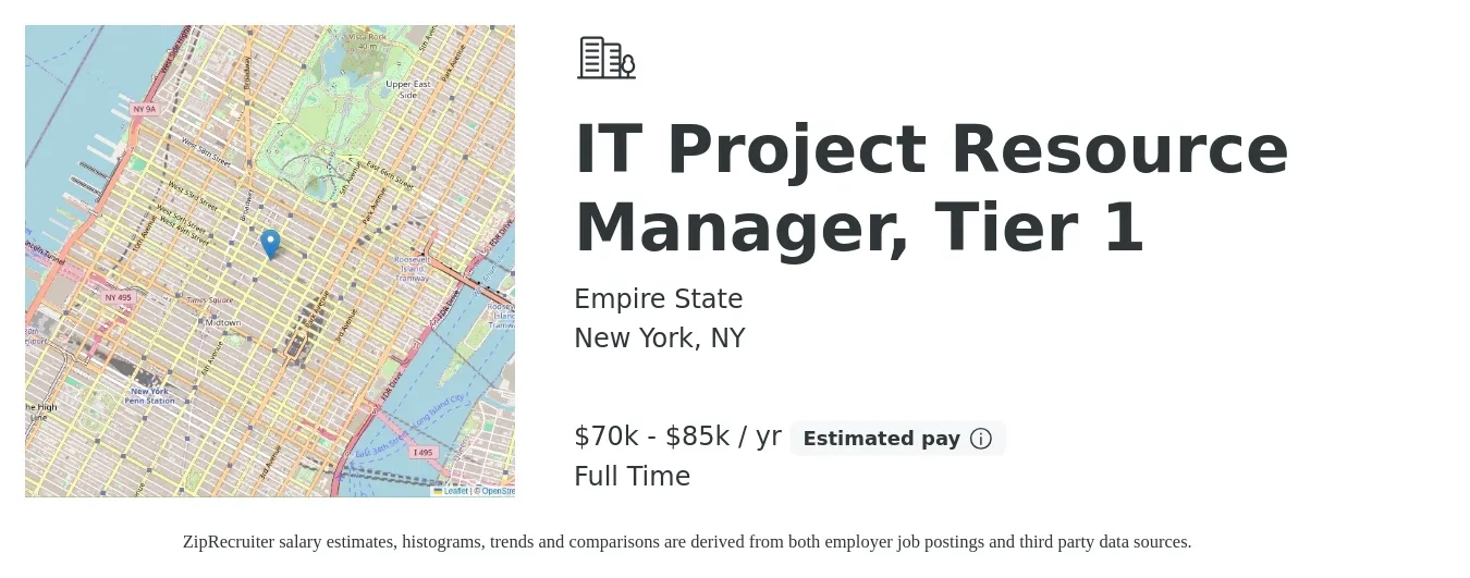 Empire State job posting for a IT Project Resource Manager, Tier 1 in New York, NY with a salary of $70,000 to $85,000 Yearly with a map of New York location.