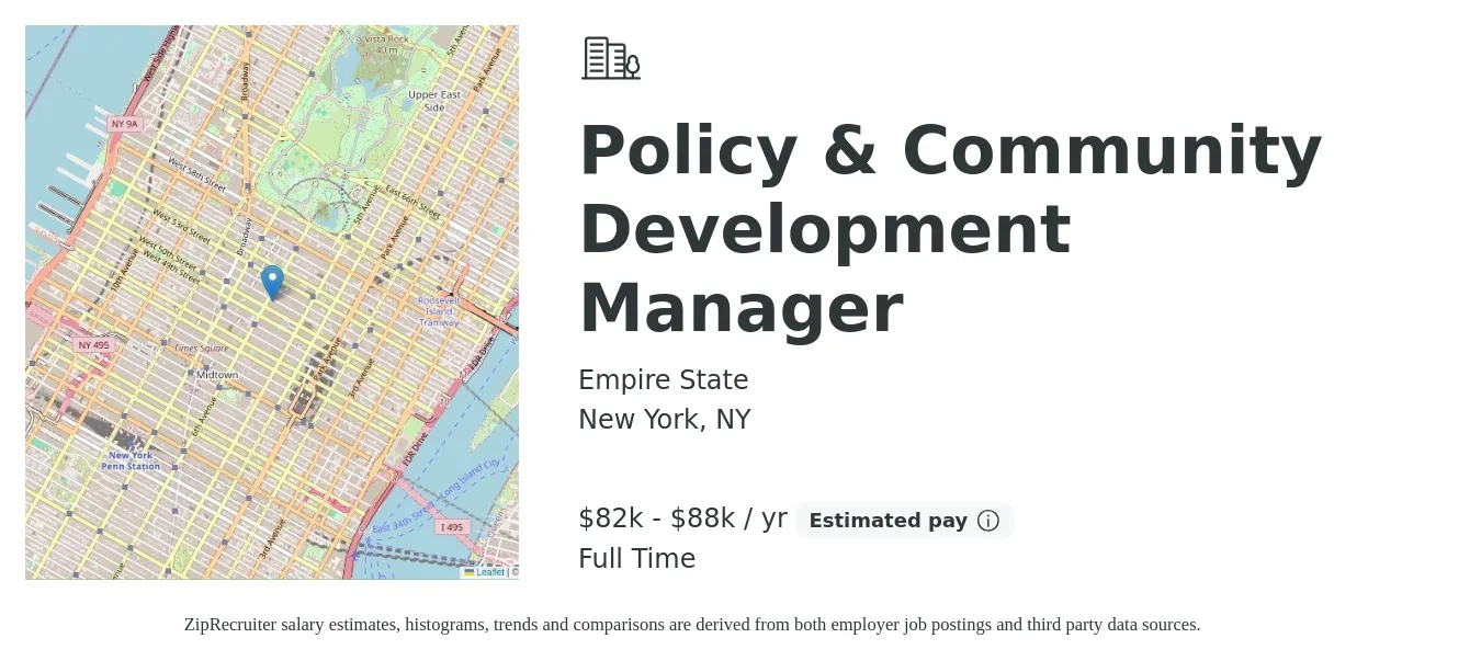 Empire State job posting for a Policy & Community Development Manager in New York, NY with a salary of $82,000 to $88,000 Yearly with a map of New York location.
