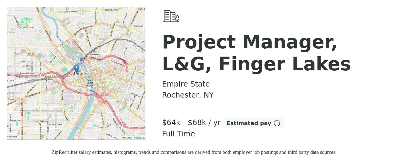 Empire State job posting for a Project Manager, L&G, Finger Lakes in Rochester, NY with a salary of $64,000 to $68,000 Yearly with a map of Rochester location.