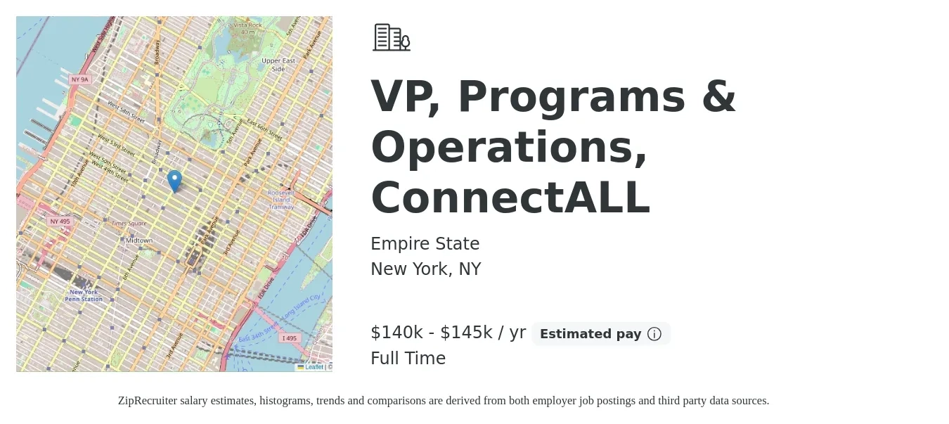 Empire State job posting for a VP, Programs & Operations, ConnectALL in New York, NY with a salary of $140,000 to $145,000 Yearly with a map of New York location.