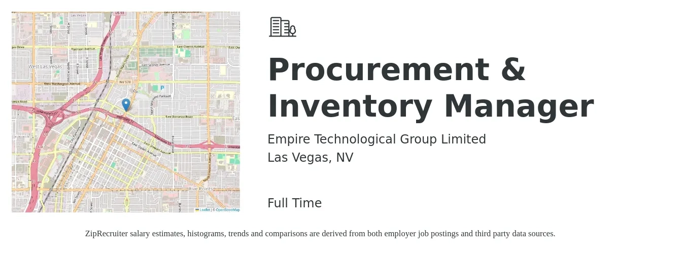 Empire Technological Group Limited job posting for a Procurement & Inventory Manager in Las Vegas, NV with a salary of $67,700 to $104,400 Yearly with a map of Las Vegas location.
