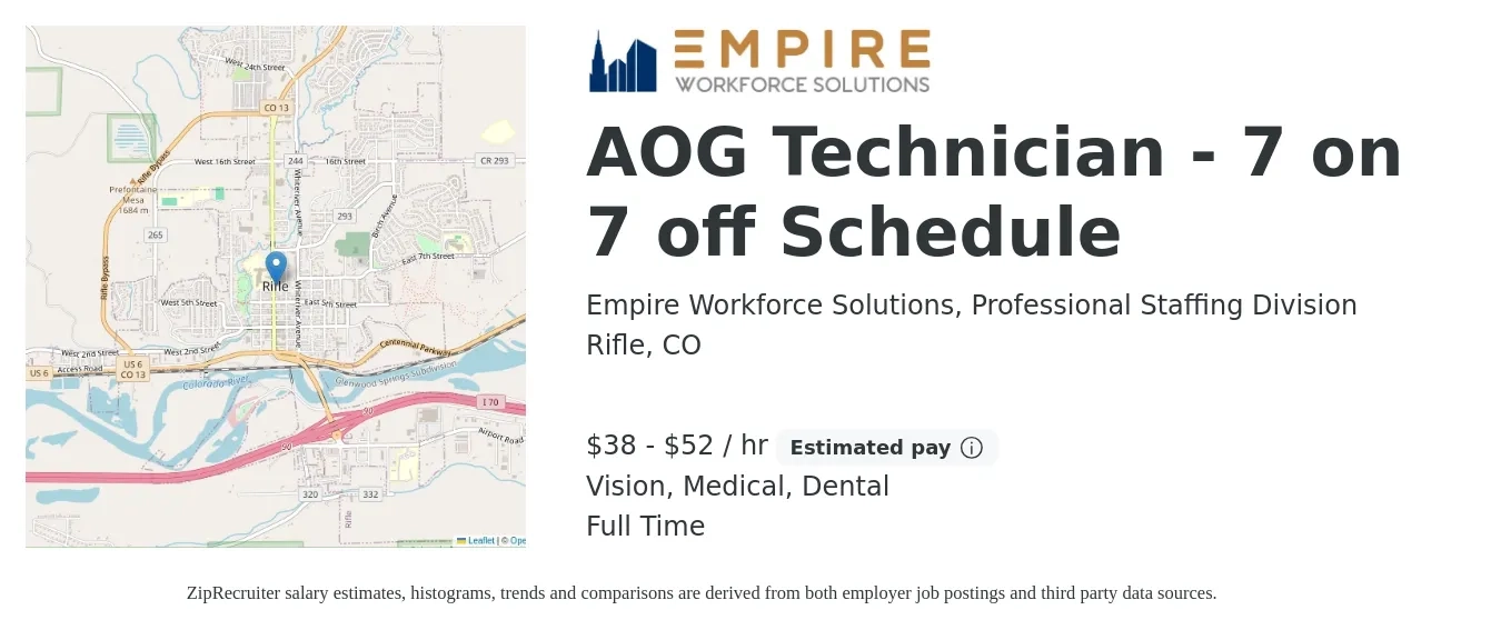 Empire Workforce Solutions, Professional Staffing Division job posting for a AOG Technician - 7 on 7 off Schedule in Rifle, CO with a salary of $40 to $55 Hourly and benefits including dental, life_insurance, medical, pto, retirement, and vision with a map of Rifle location.