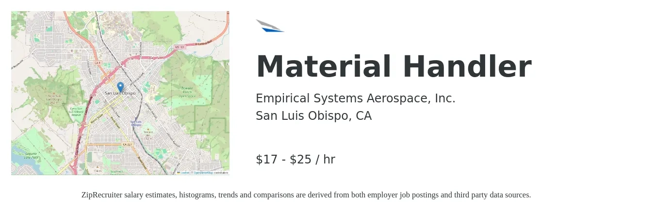 Empirical Systems Aerospace, Inc. job posting for a Material Handler in San Luis Obispo, CA with a salary of $18 to $26 Hourly with a map of San Luis Obispo location.