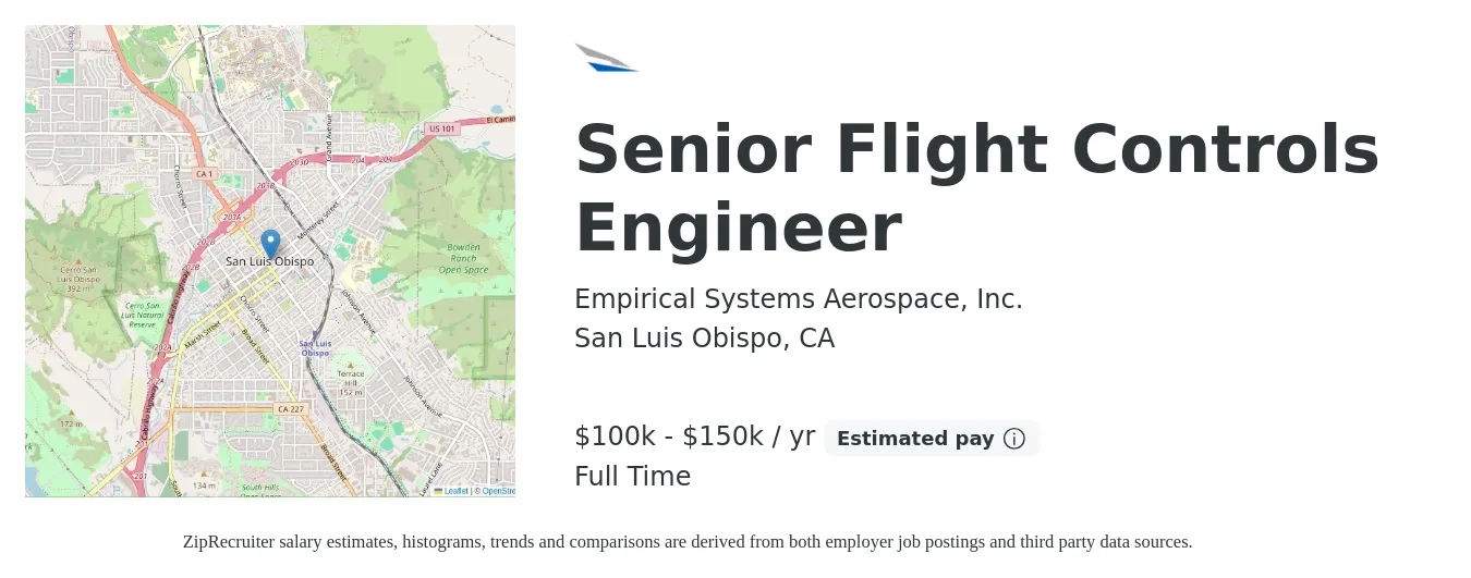 Empirical Systems Aerospace, Inc. job posting for a Senior Flight Controls Engineer in San Luis Obispo, CA with a salary of $100,000 to $150,000 Yearly with a map of San Luis Obispo location.