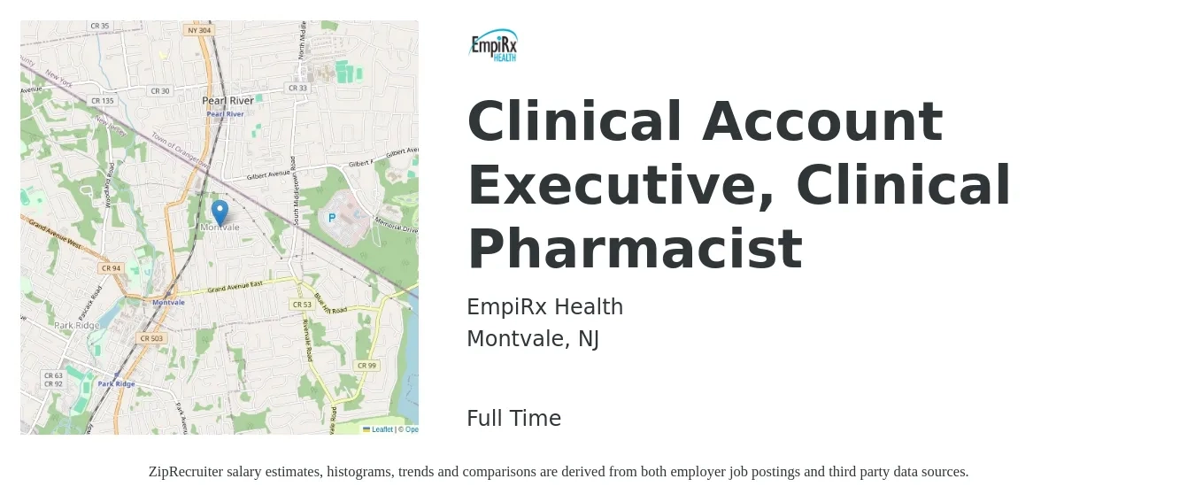EmpiRx Health job posting for a Clinical Account Executive, Clinical Pharmacist in Montvale, NJ with a salary of $123,900 to $147,900 Yearly with a map of Montvale location.