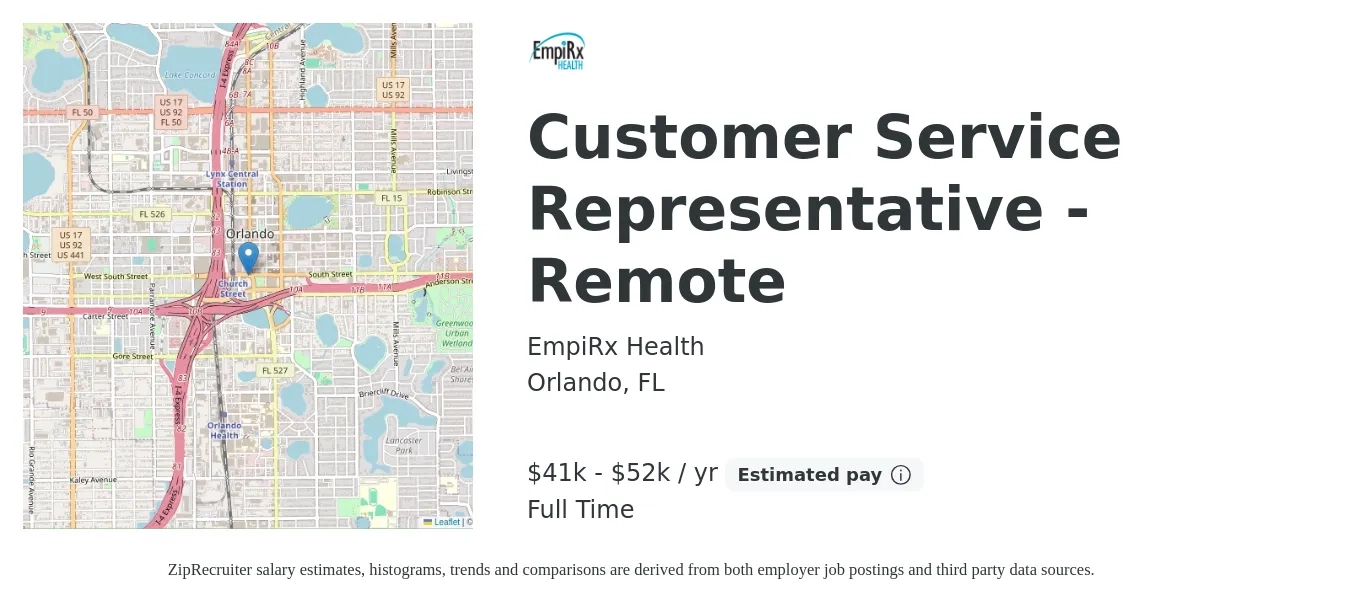 EmpiRx Health job posting for a Customer Service Representative - Remote in Orlando, FL with a salary of $41,600 to $52,000 Yearly with a map of Orlando location.
