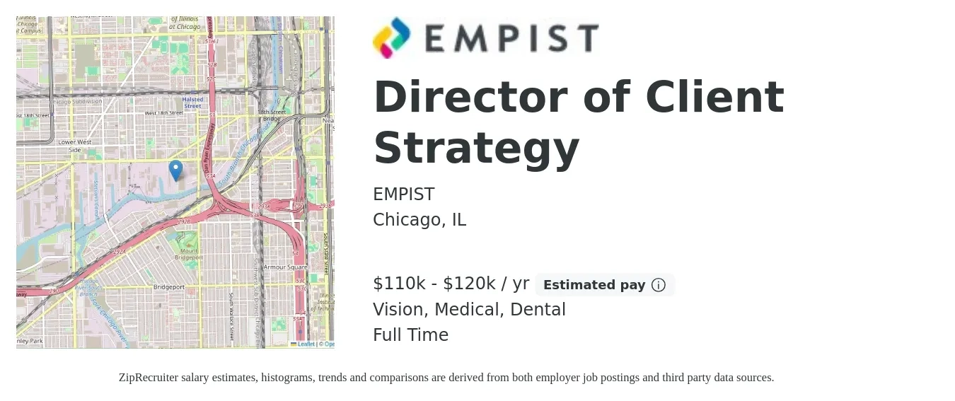 EMPIST job posting for a Director of Client Strategy in Chicago, IL with a salary of $110 Hourly with a map of Chicago location.