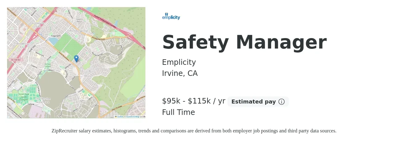 Emplicity job posting for a Safety Manager in Irvine, CA with a salary of $95,000 to $115,000 Yearly with a map of Irvine location.