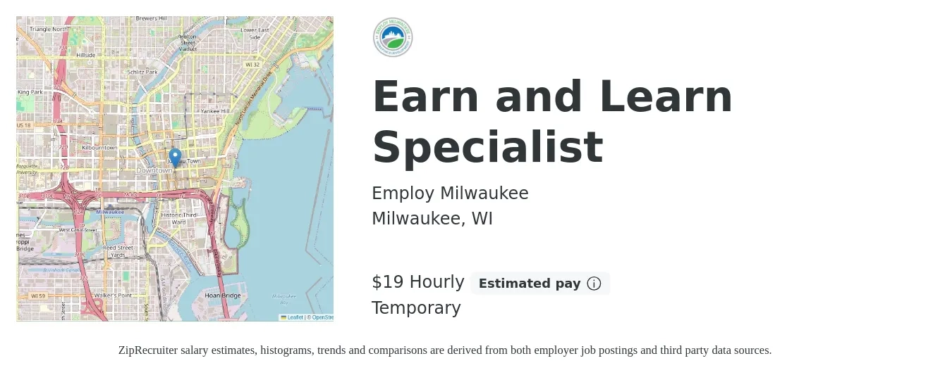 Employ Milwaukee job posting for a Earn and Learn Specialist in Milwaukee, WI with a salary of $20 Hourly with a map of Milwaukee location.