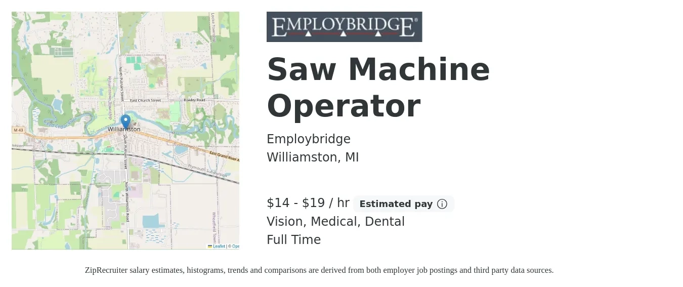 Employbridge job posting for a Saw Machine Operator in Williamston, MI with a salary of $15 to $20 Hourly and benefits including dental, medical, and vision with a map of Williamston location.