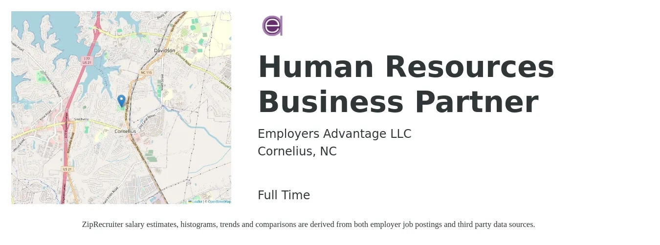 Employers Advantage LLC job posting for a Human Resources Business Partner in Cornelius, NC with a salary of $60,000 to $70,000 Yearly with a map of Cornelius location.