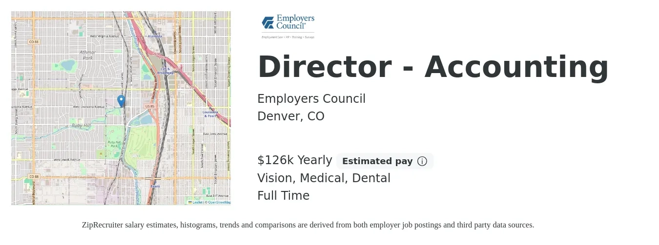 Employers Council job posting for a Director Accounting in Denver, CO with a salary of $126,583 Yearly and benefits including medical, retirement, vision, dental, and life_insurance with a map of Denver location.