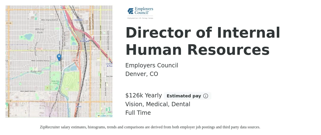 Employers Council job posting for a Director of Internal Human Resources in Denver, CO with a salary of $126,583 Yearly and benefits including dental, life_insurance, medical, retirement, and vision with a map of Denver location.