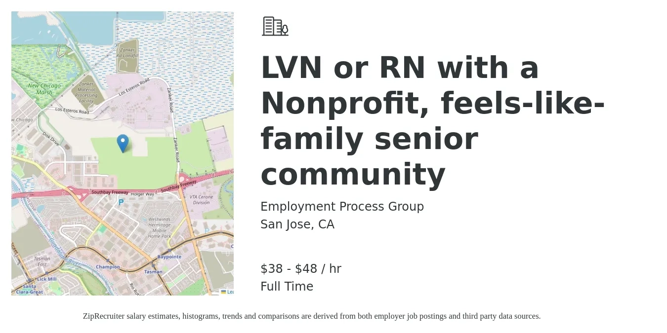 Employment Process Group job posting for a LVN or RN with a Nonprofit, feels-like-family senior community in San Jose, CA with a salary of $40 to $50 Hourly with a map of San Jose location.