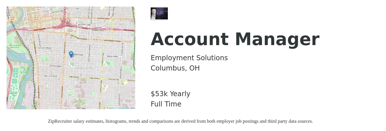 Employment Solutions job posting for a Account Manager in Columbus, OH with a salary of $53,000 Yearly with a map of Columbus location.