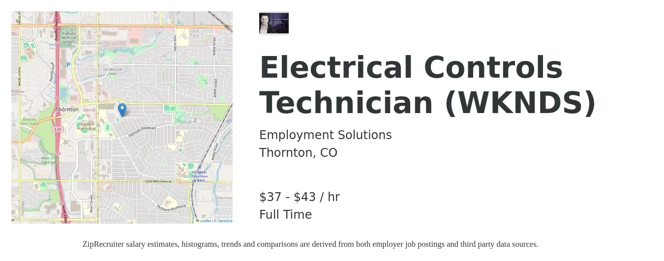 Employment Solutions job posting for a Electrical Controls Technician (WKNDS) in Thornton, CO with a salary of $38 to $46 Hourly with a map of Thornton location.