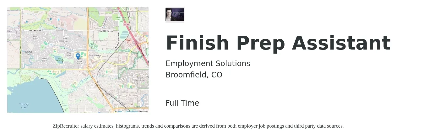 Employment Solutions job posting for a Finish Prep Assistant in Broomfield, CO with a salary of $16 to $22 Hourly with a map of Broomfield location.