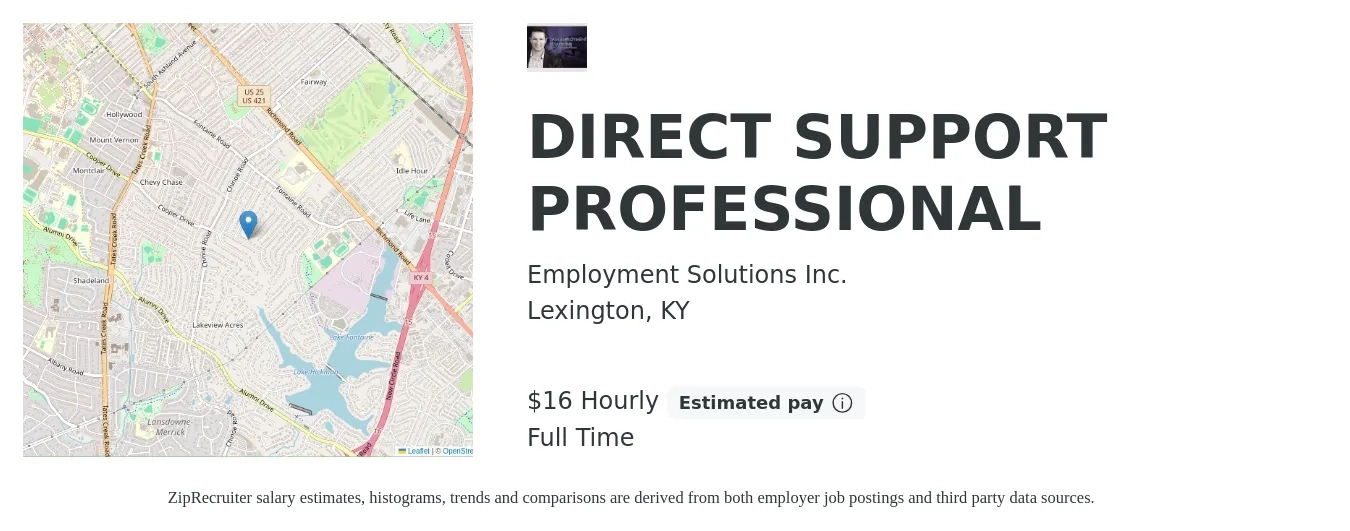 Employment Solutions Inc job posting for a DIRECT SUPPORT PROFESSIONAL in Lexington, KY with a salary of $17 Hourly with a map of Lexington location.
