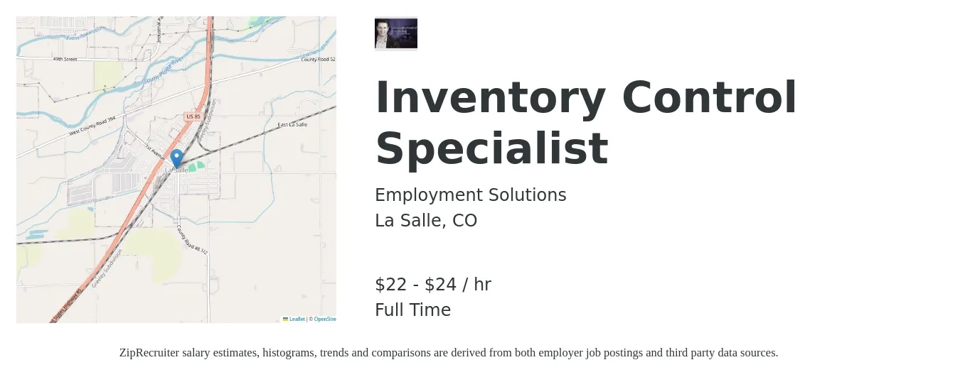 Employment Solutions job posting for a Inventory Control Specialist in La Salle, CO with a salary of $23 to $25 Hourly with a map of La Salle location.