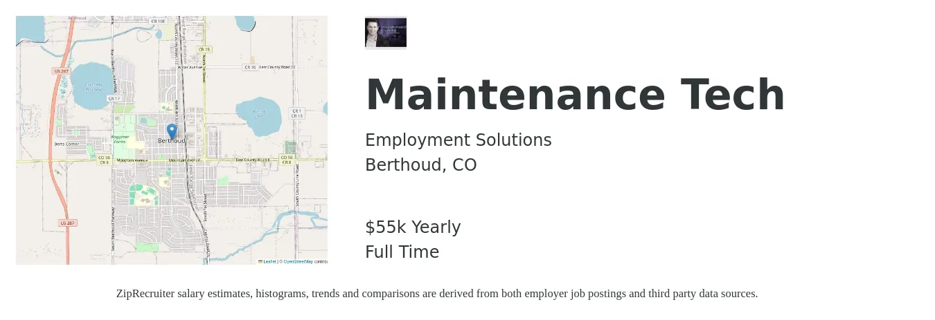 Employment Solutions job posting for a Maintenance Tech in Berthoud, CO with a salary of $55,000 Yearly with a map of Berthoud location.