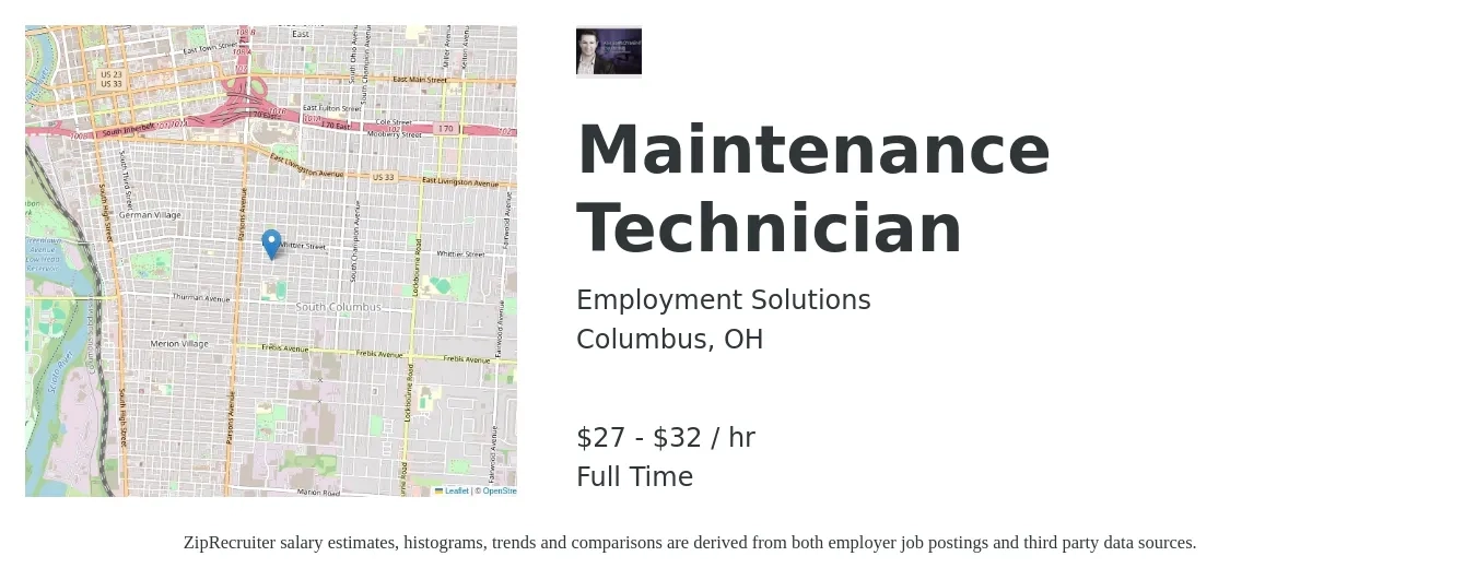 Employment Solutions job posting for a Maintenance Technician in Columbus, OH with a salary of $29 to $34 Hourly with a map of Columbus location.