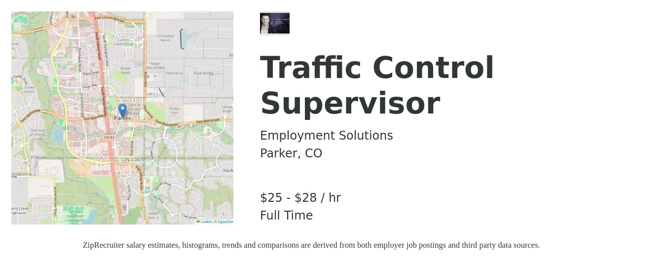 Employment Solutions job posting for a Traffic Control Supervisor in Parker, CO with a salary of $26 to $30 Hourly with a map of Parker location.