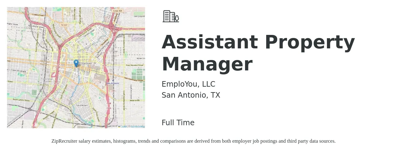 EmploYou, LLC job posting for a Assistant Property Manager in San Antonio, TX with a salary of $17 to $23 Hourly with a map of San Antonio location.