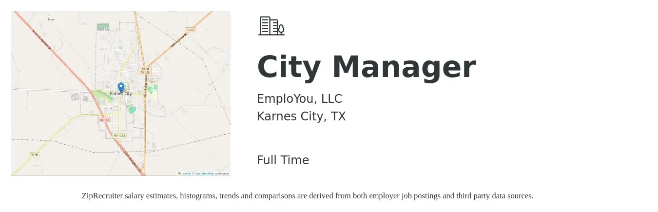 EmploYou, LLC job posting for a City Manager in Karnes City, TX with a salary of $65,300 to $148,300 Yearly with a map of Karnes City location.