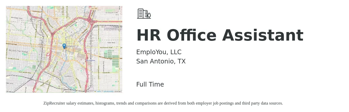 EmploYou, LLC job posting for a HR Office Assistant in San Antonio, TX with a salary of $34,300 to $41,900 Yearly with a map of San Antonio location.