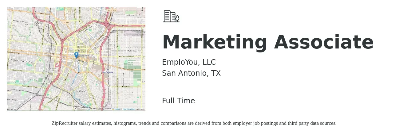 EmploYou, LLC job posting for a Marketing Associate in San Antonio, TX with a salary of $37,900 to $52,300 Yearly with a map of San Antonio location.