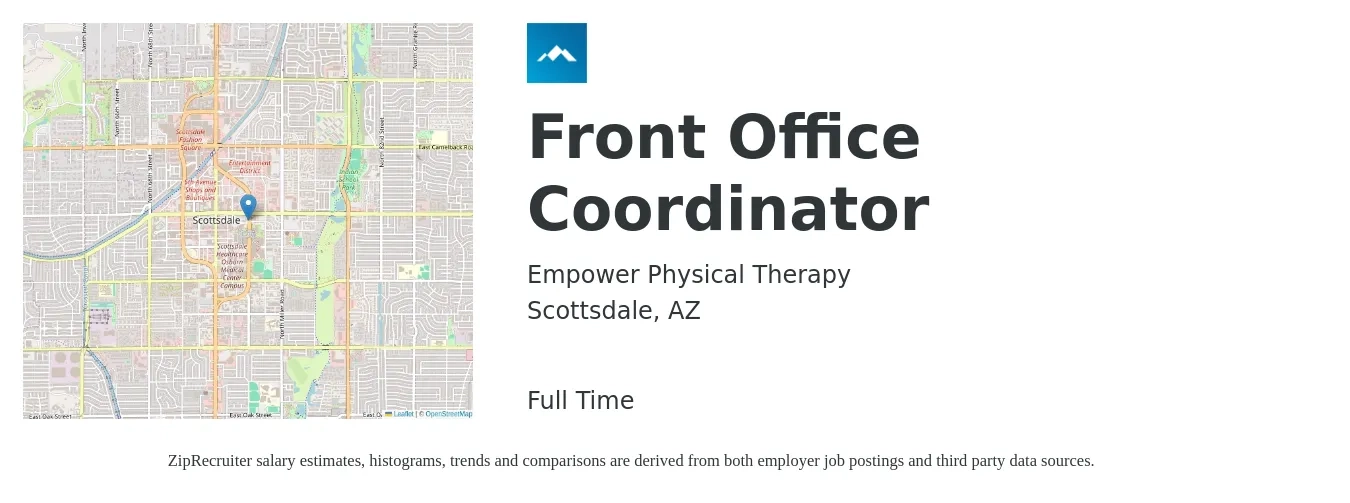 Empower Physical Therapy job posting for a Front Office Coordinator in Scottsdale, AZ with a salary of $16 to $22 Hourly with a map of Scottsdale location.