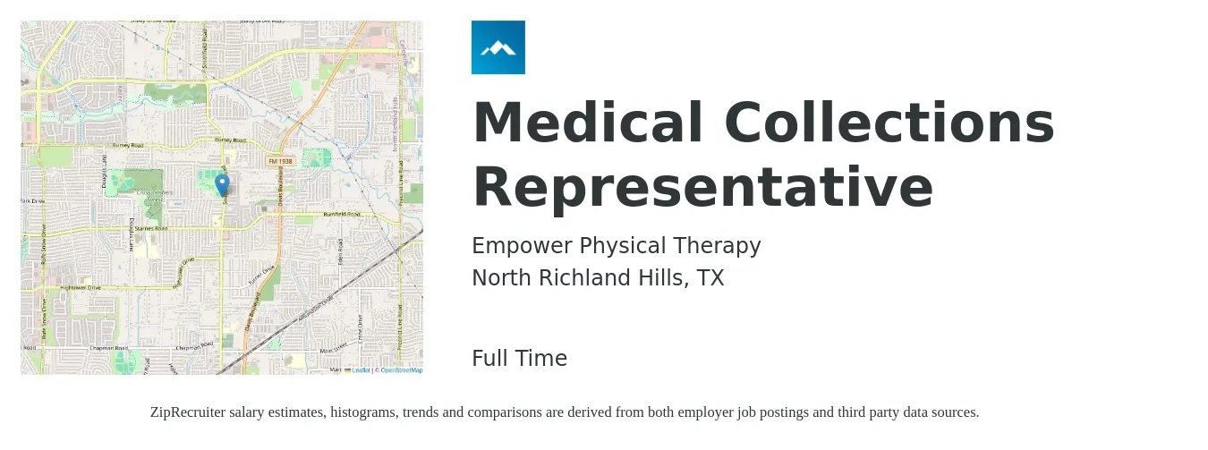 Empower Physical Therapy job posting for a Medical Collections Representative in North Richland Hills, TX with a salary of $15 to $18 Hourly with a map of North Richland Hills location.