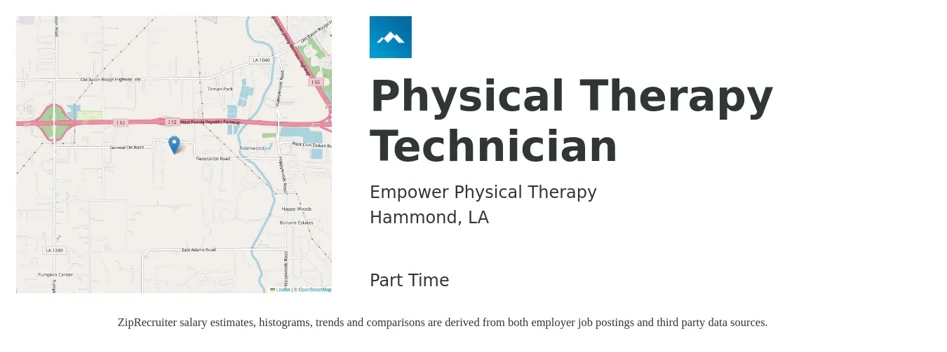 Empower Physical Therapy job posting for a Physical Therapy Technician in Hammond, LA with a salary of $11 to $12 Hourly with a map of Hammond location.