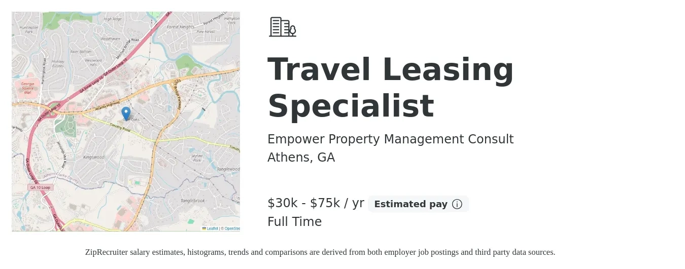Empower Property Management Consult job posting for a Travel Leasing Specialist in Athens, GA with a salary of $30,000 to $75,000 Yearly with a map of Athens location.