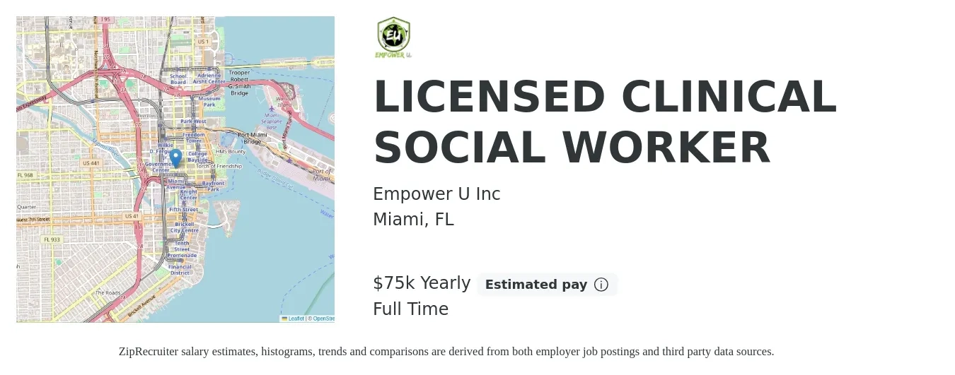 Empower U Inc job posting for a LICENSED CLINICAL SOCIAL WORKER in Miami, FL with a salary of $75,000 Yearly with a map of Miami location.