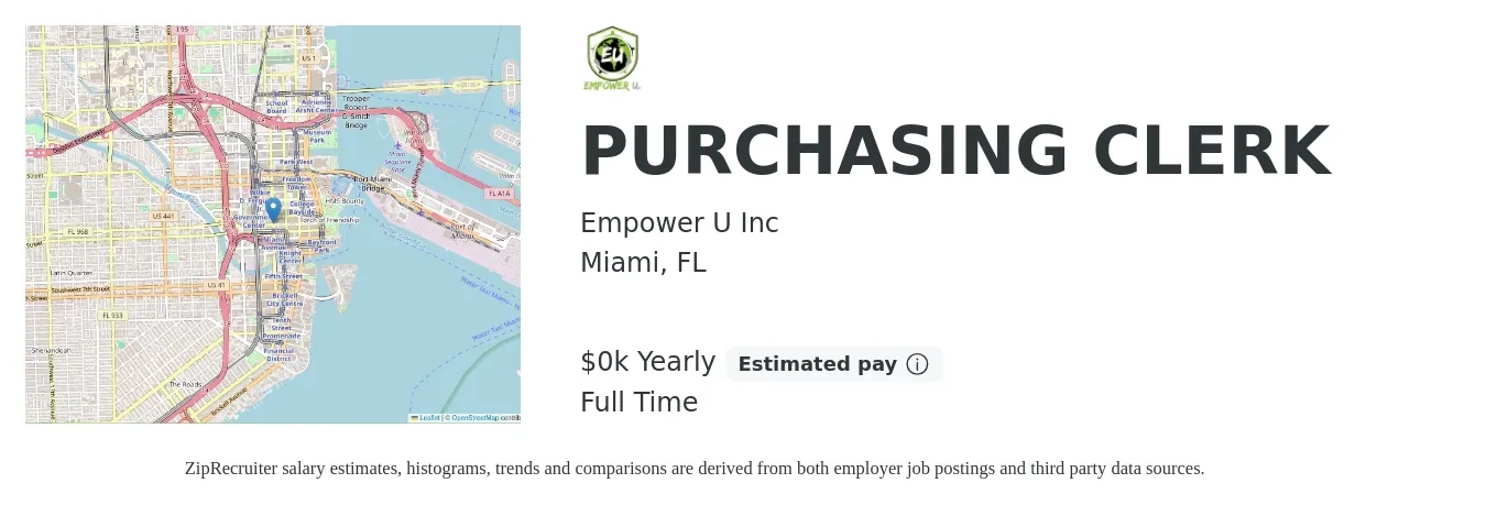Empower U Inc job posting for a PURCHASING CLERK in Miami, FL with a salary of $20 to $23 Yearly with a map of Miami location.