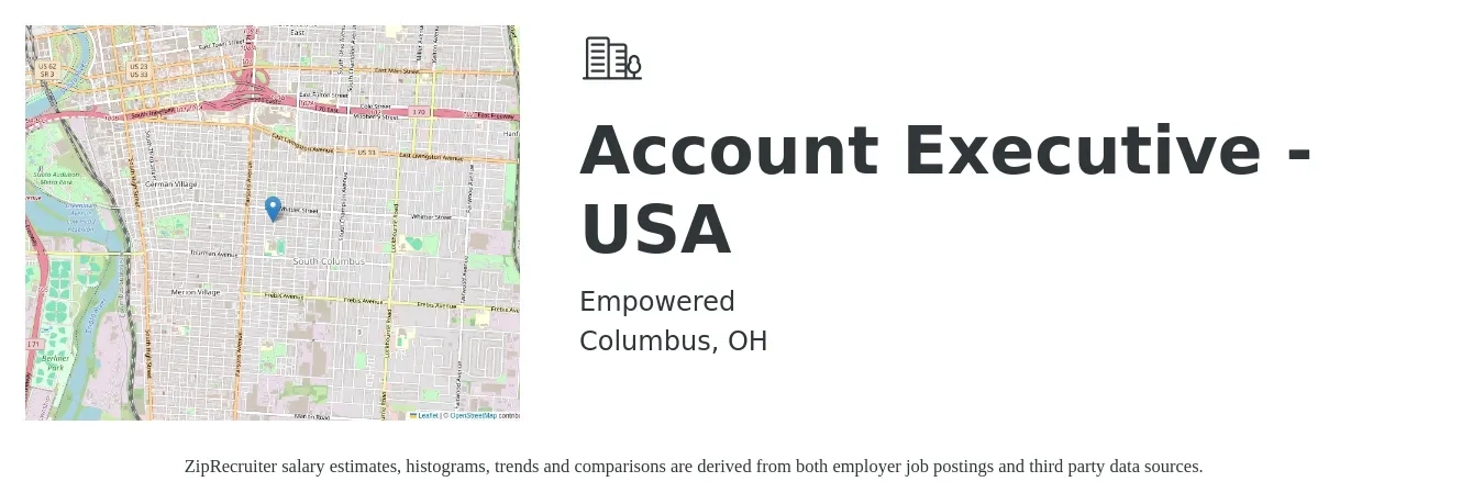 Empowered job posting for a Account Executive - USA in Columbus, OH with a salary of $52,200 to $91,800 Yearly with a map of Columbus location.