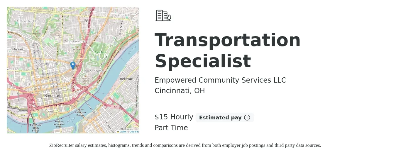 Empowered Community Services LLC job posting for a Transportation Specialist in Cincinnati, OH with a salary of $16 Hourly with a map of Cincinnati location.