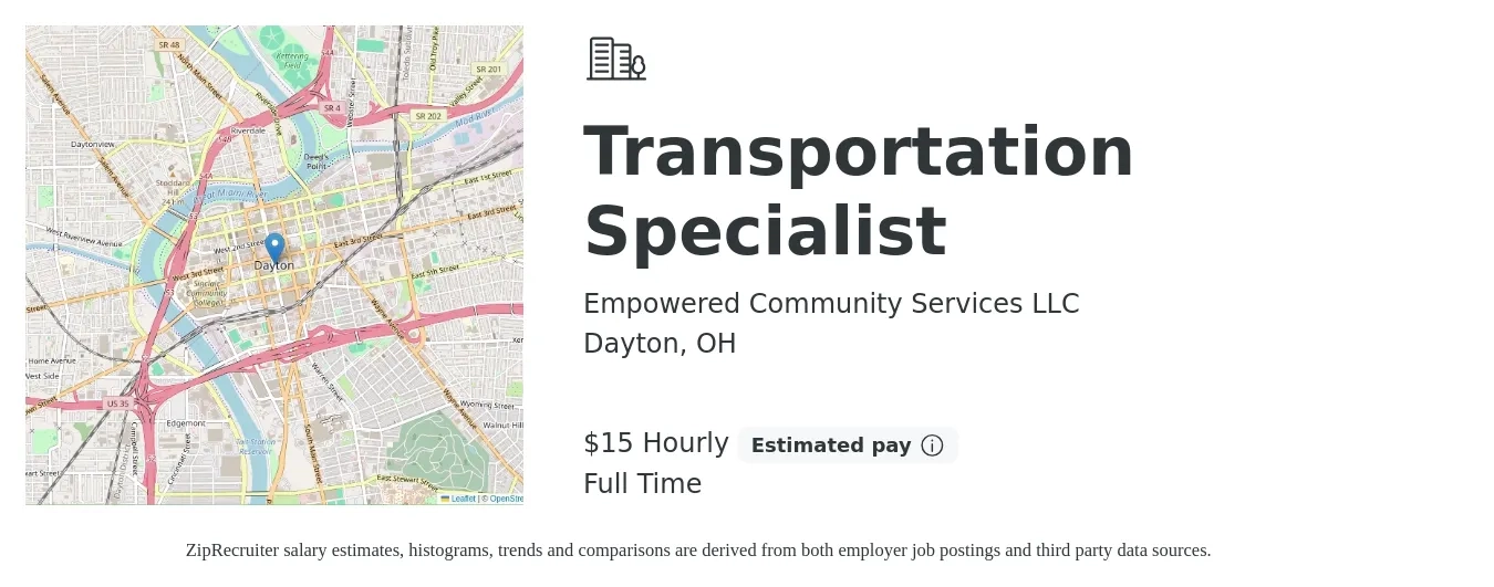 Empowered Community Services LLC job posting for a Transportation Specialist in Dayton, OH with a salary of $16 Hourly with a map of Dayton location.