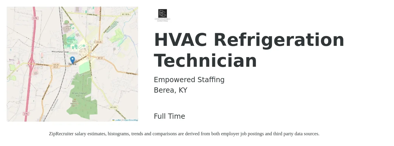 Empowered Staffing job posting for a HVAC Refrigeration Technician in Berea, KY with a salary of $21 to $31 Hourly with a map of Berea location.