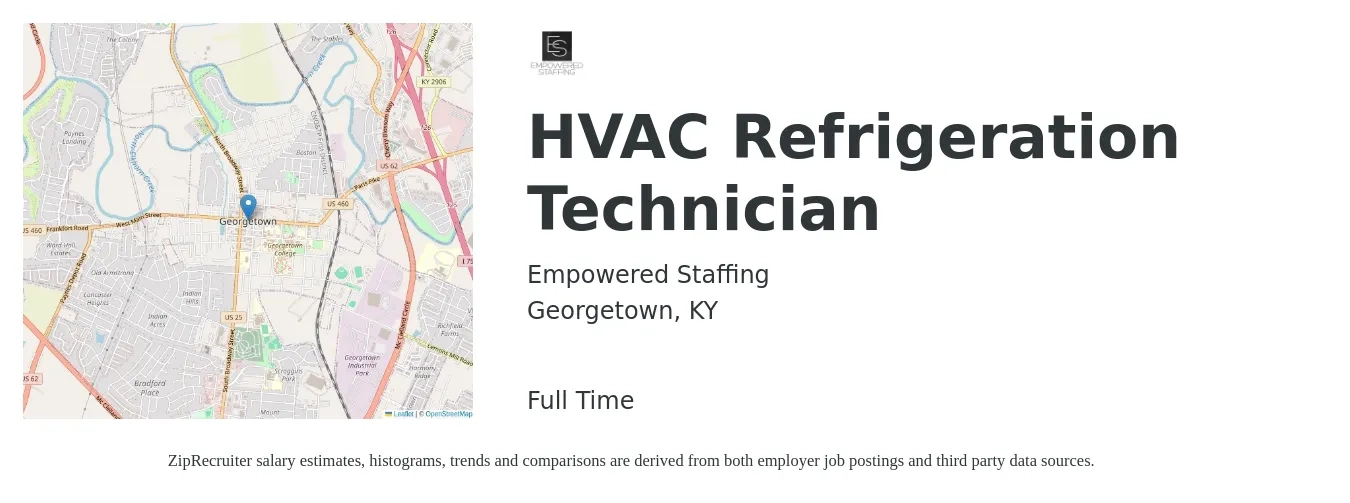 Empowered Staffing job posting for a HVAC Refrigeration Technician in Georgetown, KY with a salary of $23 to $33 Hourly with a map of Georgetown location.