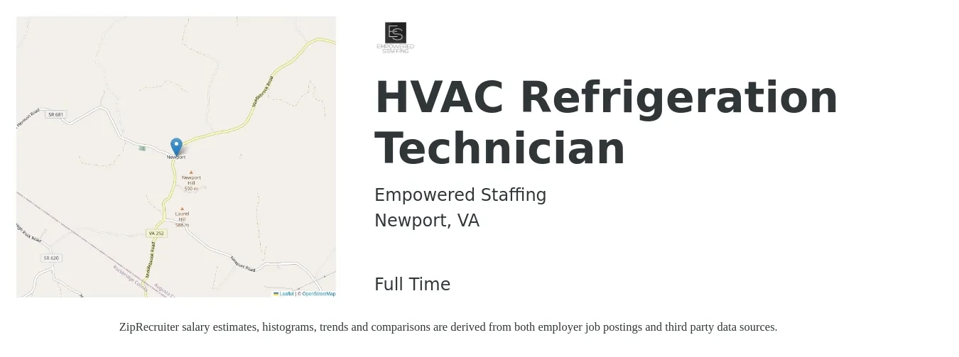 Empowered Staffing job posting for a HVAC Refrigeration Technician in Newport, VA with a salary of $22 to $32 Hourly with a map of Newport location.