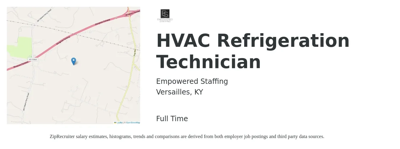 Empowered Staffing job posting for a HVAC Refrigeration Technician in Versailles, KY with a salary of $21 to $31 Hourly with a map of Versailles location.