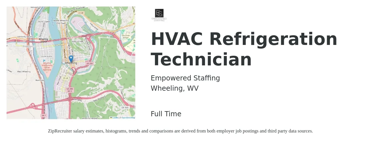 Empowered Staffing job posting for a HVAC Refrigeration Technician in Wheeling, WV with a salary of $25 to $36 Hourly with a map of Wheeling location.